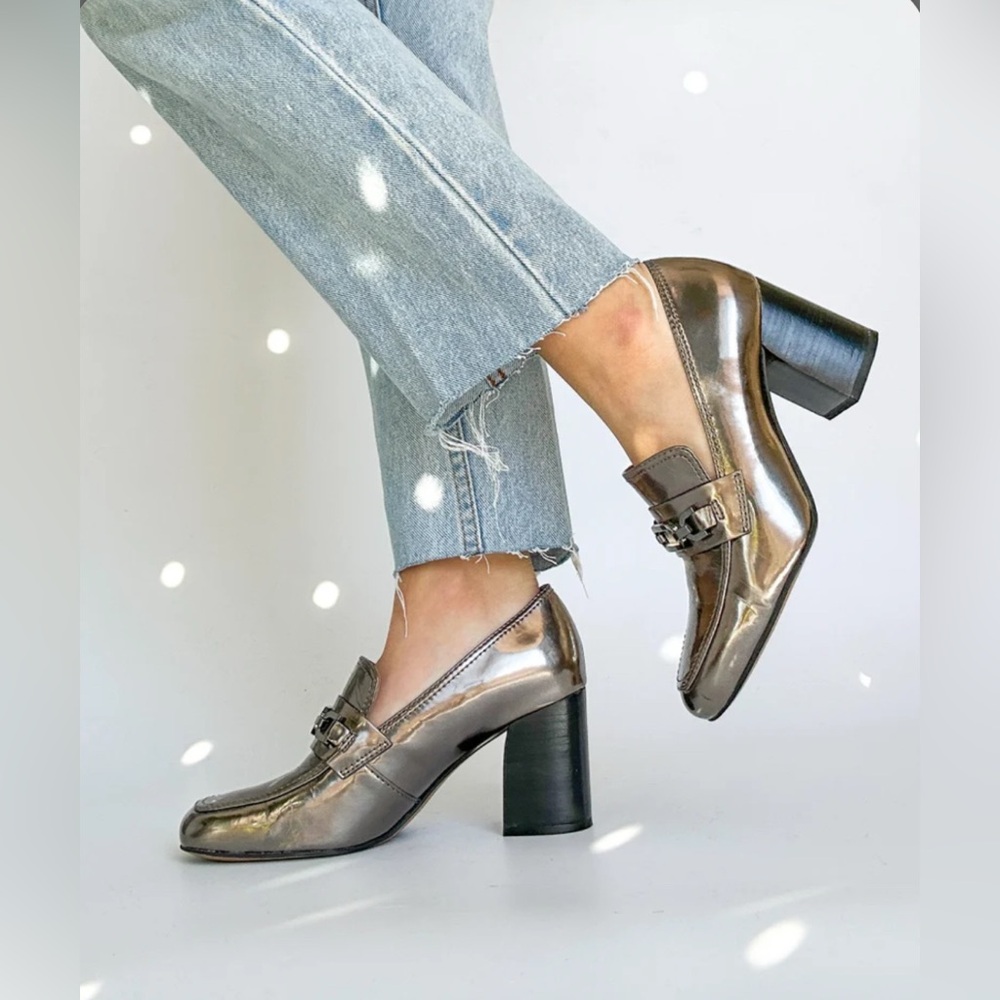 Franco Sarto Tabby Gunmetal Metallic Block Heeled Loafer Size 10
